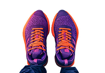 A top view of purple and orange trainers, sneakers Isolated on a flat background.