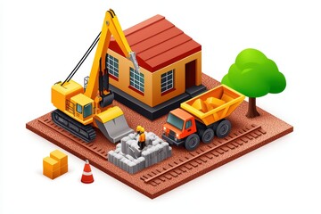 Construction site with heavy machinery and building materials on white isolate background.