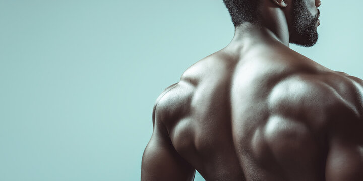 Close-up of a man's muscular back and shoulders, highlighting muscle definition, turquoise background, fitness, and bodybuilding concept, strong and sculpted physique, selective focus

