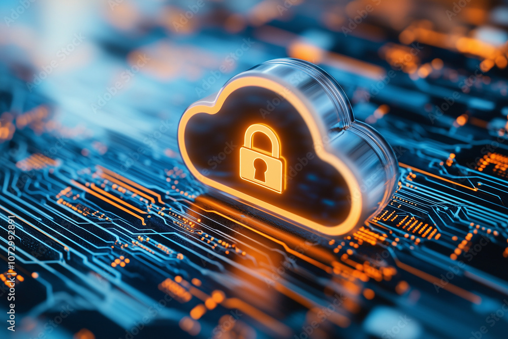 Poster glowing cloud with a padlock is floating over a motherboard, symbolizing cloud computing security, a