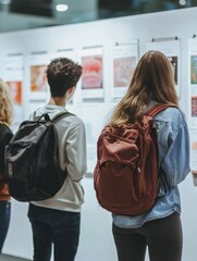 Obraz premium Teenagers viewing project display boards, back to school and educational event concept