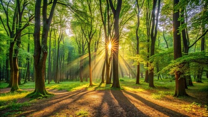 Sunlight Dappling Through a Canopy of Lush Green Leaves, Casting Long Shadows on the Forest Floor