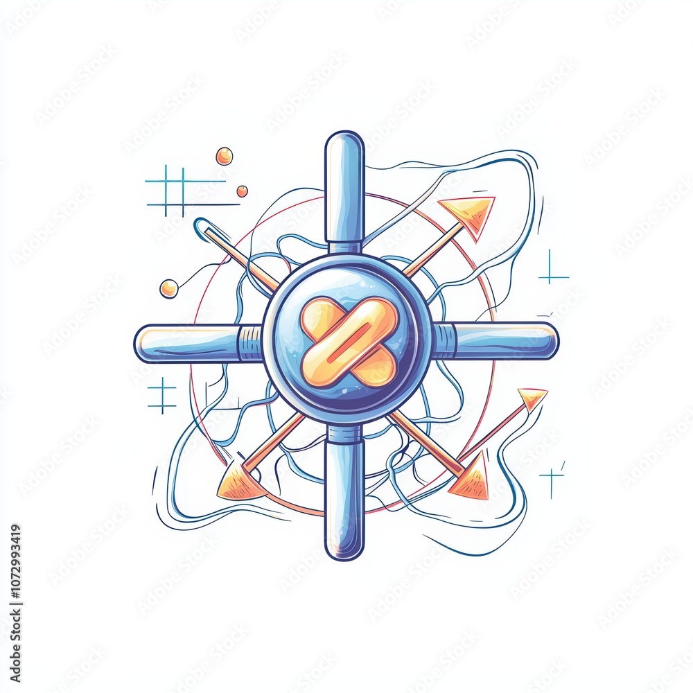 Poster digital abstract design featuring a central hub with dynamic arrows and patterns, on white isolated 