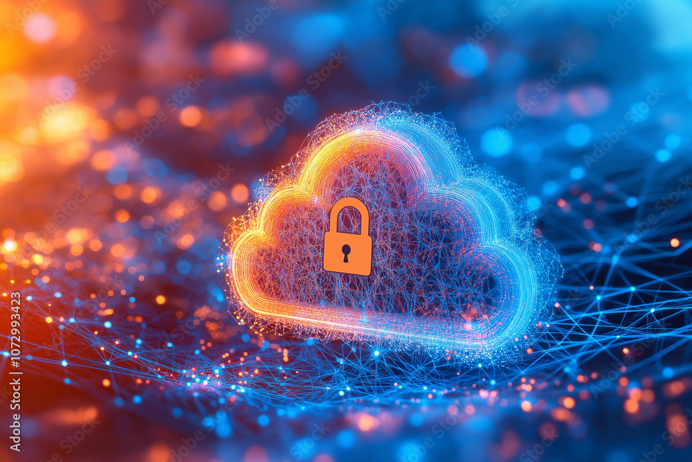 Aufkleber glowing cloud with a padlock is floating over a motherboard, symbolizing cloud computing security, a