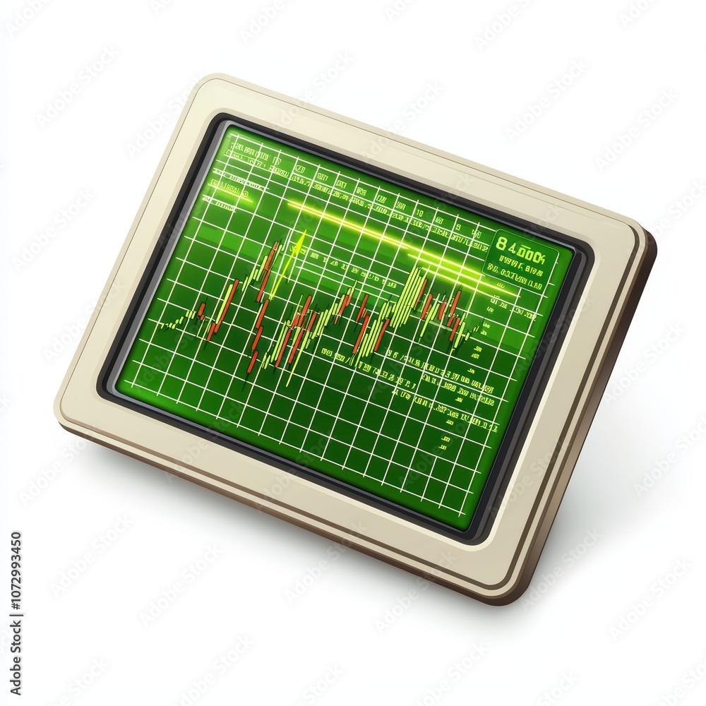 Poster digital financial trading display with green data charts and graphs on a panel.
