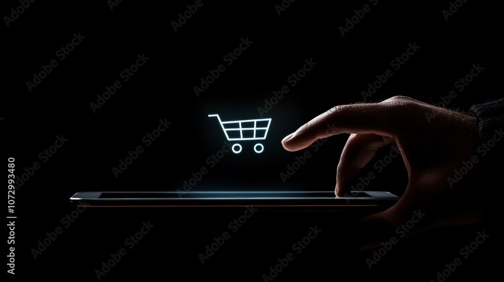 Poster Hand using tablet for online shopping and pressing a shopping cart icon, making an online payment and completing an order on an e commerce platform