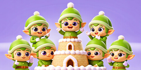Fototapeta premium Cheerful elves in green hats standing proudly by a snow fort. Captures the magic and joy of Christmas in a whimsical, family-friendly style.