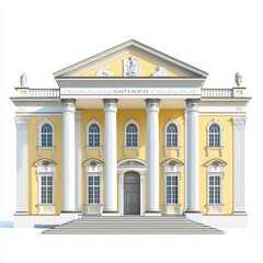 Fototapeta premium Elegant neoclassical building with yellow facade and white columns, white isolated background.