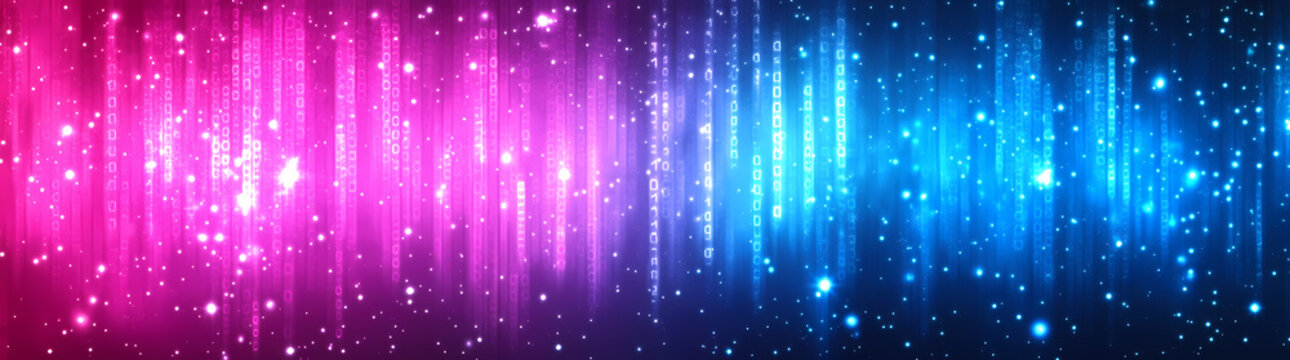 Abstract Digital Background with Pink and Blue Lights, Binary Code, and Starry Glow &ndash; Futuristic Concept Depicting Technology, Data Transfer, and Cyber Security
