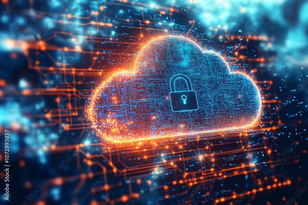 Poster glowing cloud with a padlock is floating over a motherboard, symbolizing cloud computing security, a