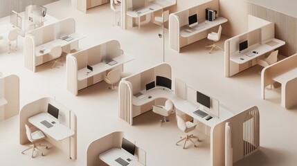 Fototapeta premium The modern open-plan office with a clean, organized layout. The workspace features rows of individual desks equipped with computers and ergonomic office chairs, separated by privacy screens.