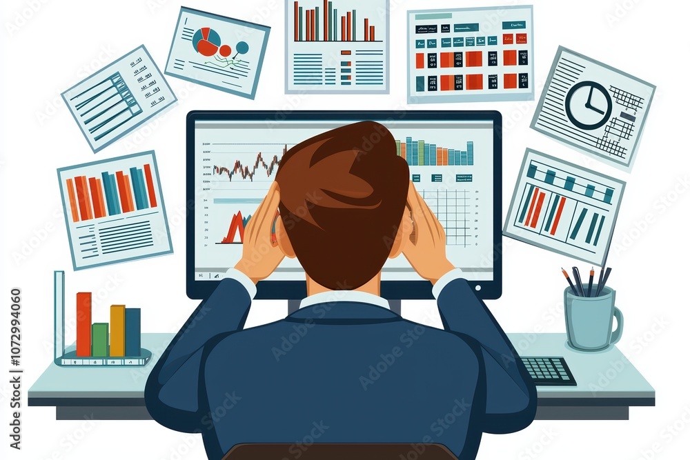 Poster frustrated businessman analyzing complex data on computer, surrounded by charts and graphs, white is