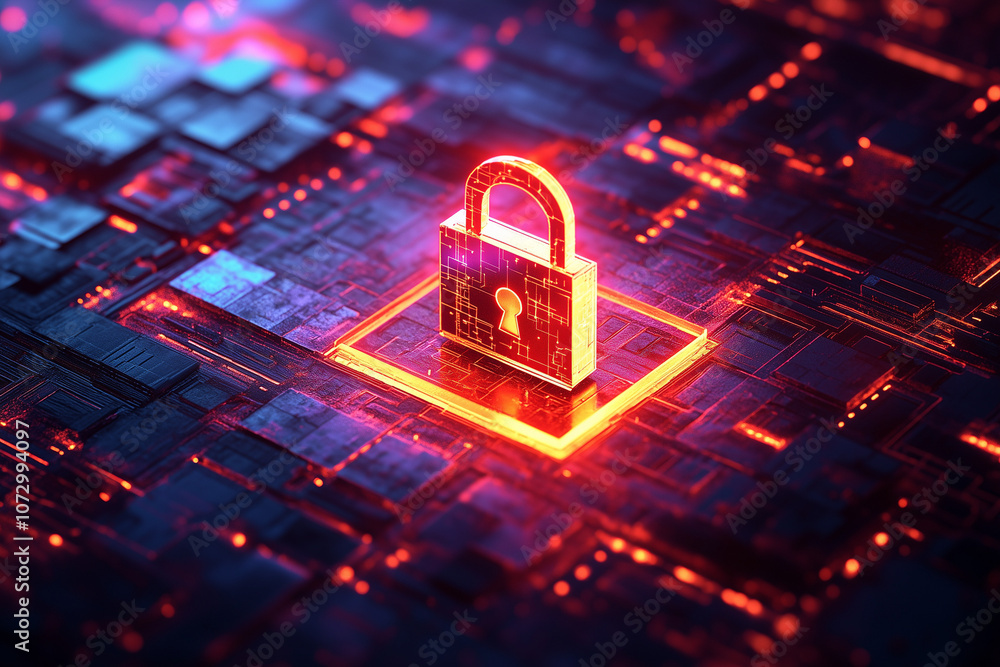 Poster glowing cloud with a padlock is floating over a motherboard, symbolizing cloud computing security, a