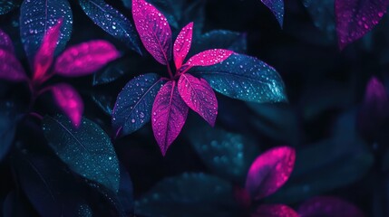 Vibrant Pink and Blue Leaves with Dew Drops in Fantasy Lighting