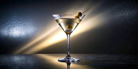A martini glass filled with a chilled cocktail, garnished with olives, sits on a sleek countertop illuminated by a spotlight, creating a dramatic and sophisticated ambiance.
