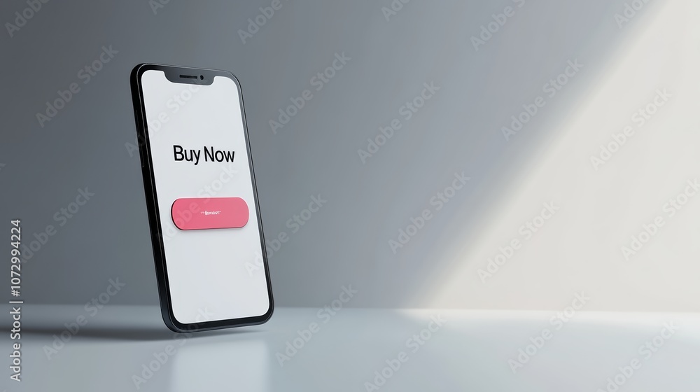 Poster modern smartphone displaying a buy now button on its screen, suggesting online shopping and e commer