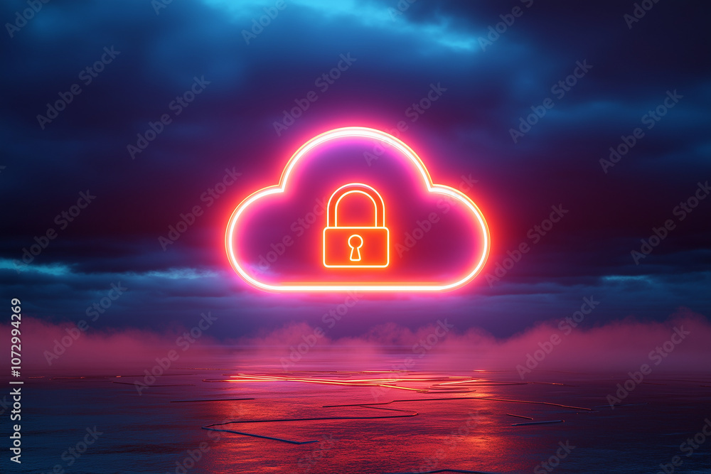 Poster glowing cloud with a padlock is floating over a motherboard, symbolizing cloud computing security, a