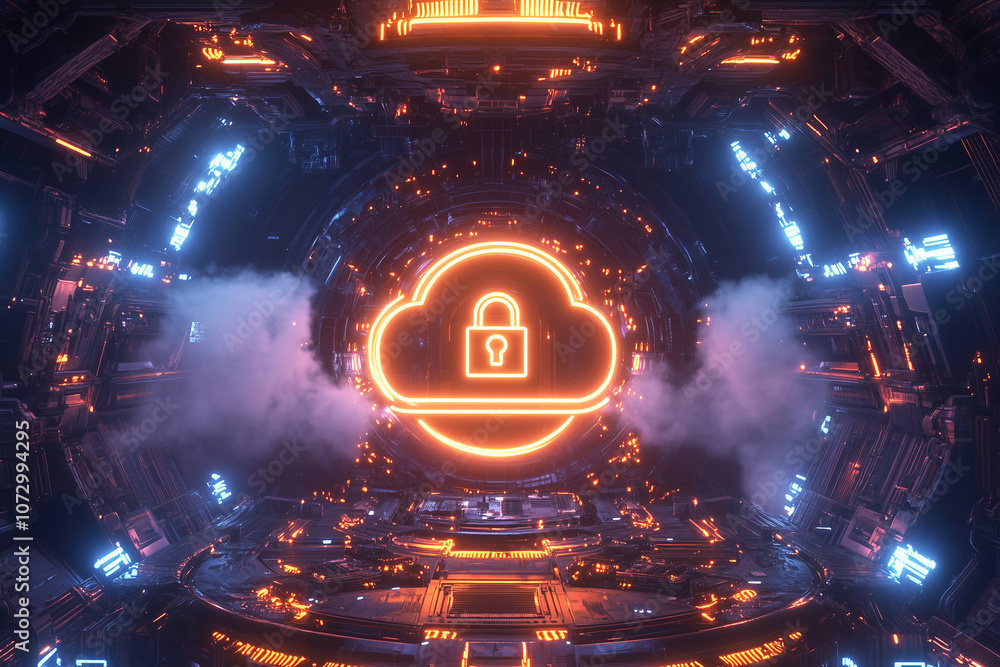 Poster glowing cloud with a padlock is floating over a motherboard, symbolizing cloud computing security, a