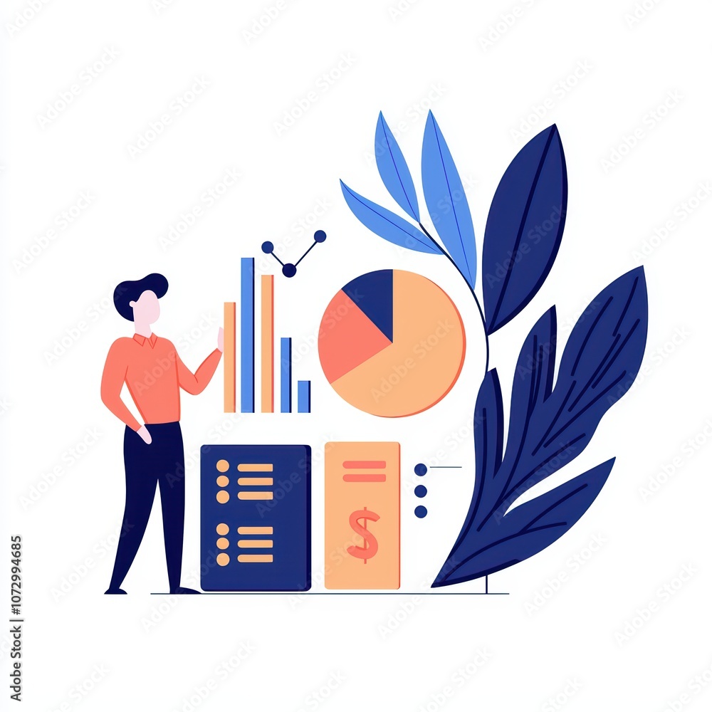 Aufkleber illustration of a professional analyzing data with charts and graphs, surrounded by leaves on a whit