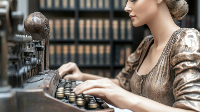 court reporter typing on stenotype machine in vintage library setting. scene captures essence of legal documentation and historical charm