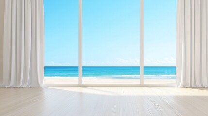 Fototapeta premium A bright and airy interior with large windows showcasing a stunning ocean view under a clear blue sky.