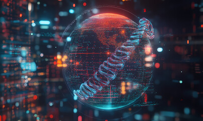 Digital DNA World: An abstract digital artwork that unveils a futuristic globe enveloped by a luminous double helix, symbolizing the intricate interplay of genetic code with technological progress.