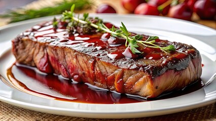 A perfectly cooked steak with a glossy, rich red sauce and a sprig of fresh herbs on a white plate
