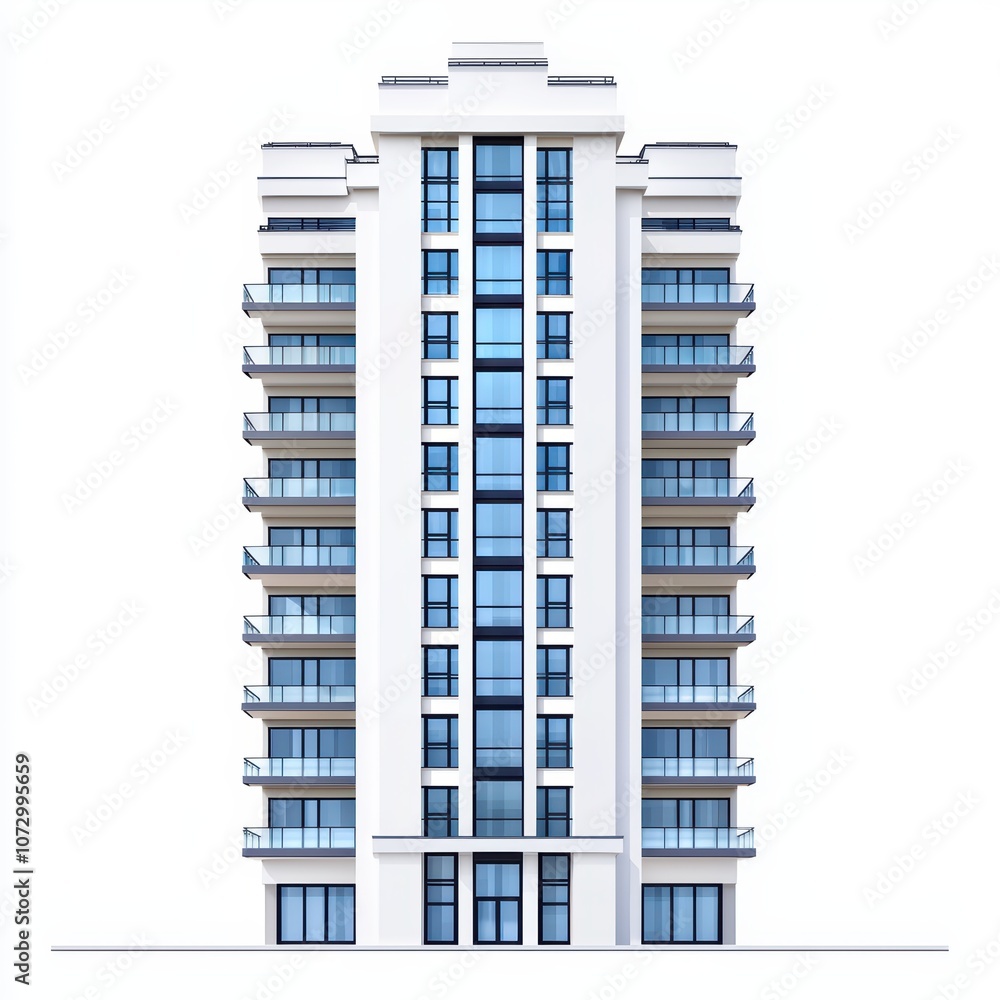 Poster modern building design with balconies and large windows, white isolate background.