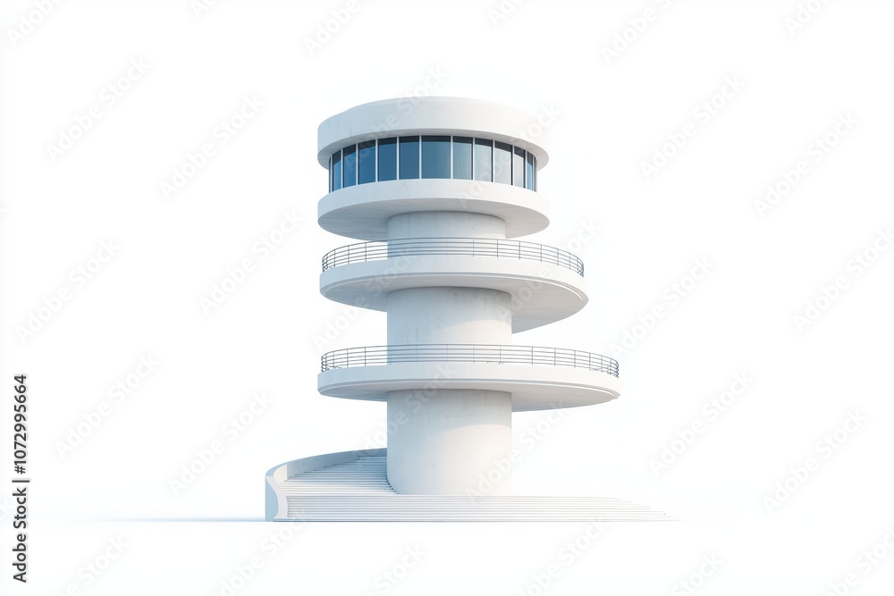 Poster modern architectural design featuring a unique spiral structure on a white isolated background.