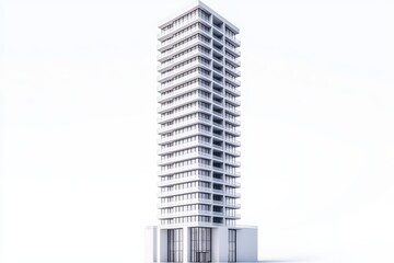 Modern high-rise building with sleek architecture, white isolated background.