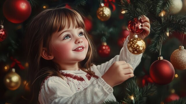 Uma menina feliz, colocando enfeites na &Atilde;&iexcl;rvore de Natal.