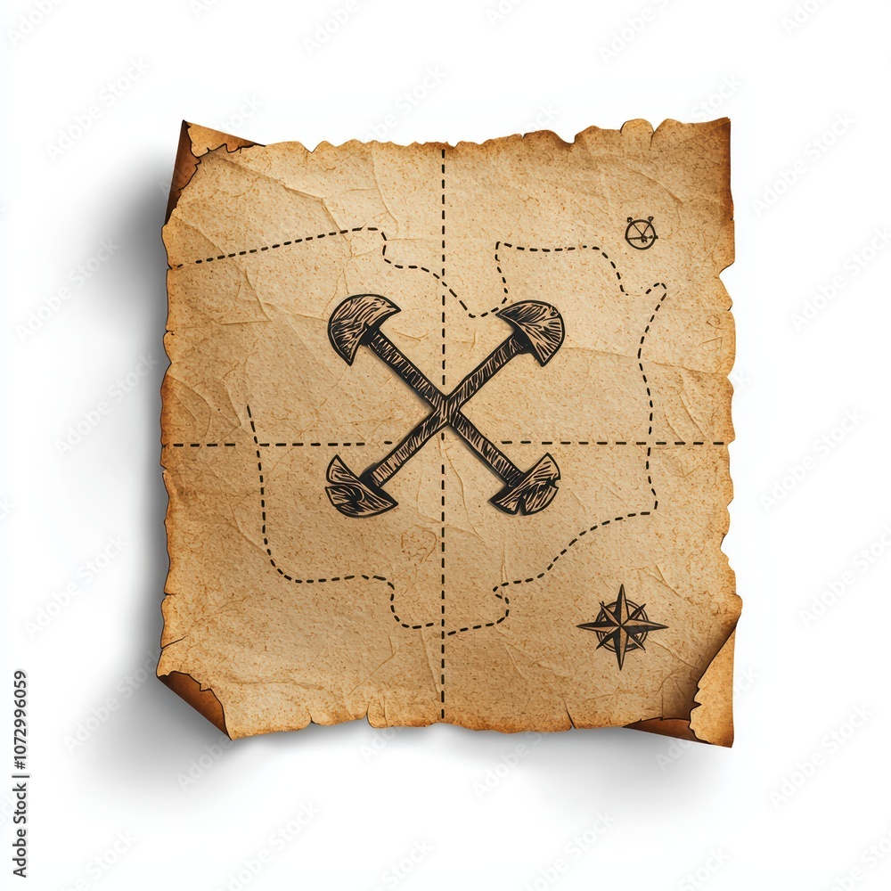 Poster old treasure map with axe symbols and compass on a weathered parchment background.