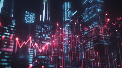 Fototapeta premium Smart digital Innovation city Business skyscrapers in the Financial District with connection network reciprocity over the cityscape. of future smart wireless digital city and social media networking