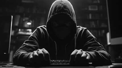 Fototapeta premium A hooded man intensely types at a keyboard