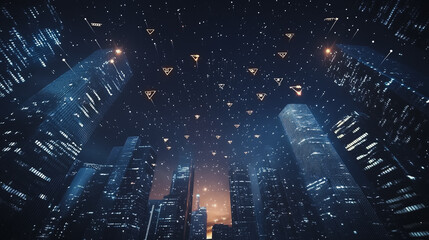 Smart digital Innovation city Business skyscrapers in the Financial District with connection network reciprocity over the cityscape. of future smart wireless digital city and social media networking

