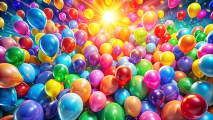 A vibrant symphony of iridescent balloons floating in a radiant atmosphere, bathed in the warm glow of an ethereal light source.
