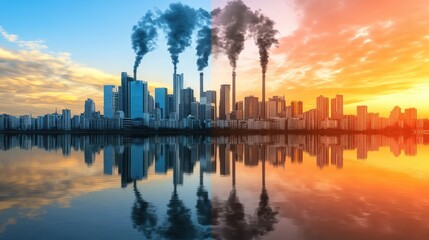 Cityscape Divided: Pollution and Clean Air Contrast in Urban Skyline Reflection