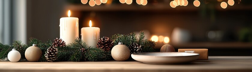 A cozy holiday table setting featuring candles, soft greenery, and decorative ornaments for a festive ambiance