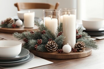 A cozy table setting with candles, pinecones, and greenery, perfect for a festive holiday atmosphere