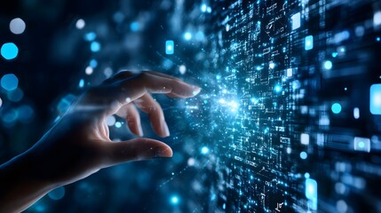 A hand is touching a screen with a blue background. Concept of connection and interaction with technology