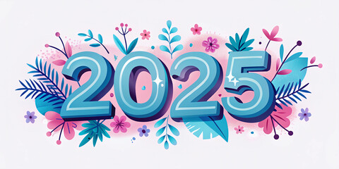 Bright and cheerful 2025 design in pink with floral accents, offering a vibrant and playful vibe for New Year cards, posters, and seasonal greetings