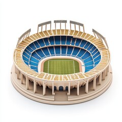 3D model of a stadium with blue seats and grassy field on a white isolated background.