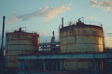 Obraz premium Large industrial tanks against a cloudy sky. Photo depicts the scale and impact of industrial development.