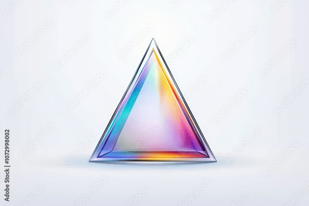 Poster a colorful, translucent triangular prism on a white isolated background.