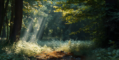 Obraz premium A beautiful fairytale enchanted forest with big trees and great vegetation. Digital painting background�