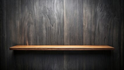 A solitary wooden shelf, a minimalist design element, extends horizontally against a backdrop of dark woodgrain, creating an inviting display space for objects.