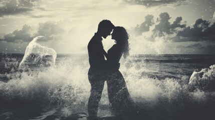 Romantic Silhouette of a Couple Embracing by the Ocean Waves at Sunset