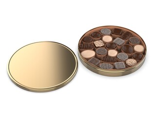 Chocolate gift tin container blank template 3d render illustration.