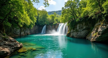 Obraz premium Cascading waterfalls and emerald pools in Krka National Park, Croatia, surrounded by lush forest under natural light, capturing the beauty of Croatian nature.