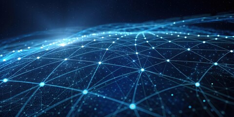 A digital landscape of interconnected nodes, forming a complex network that stretches across a deep blue expanse, showcasing the intricate beauty of connectivity.